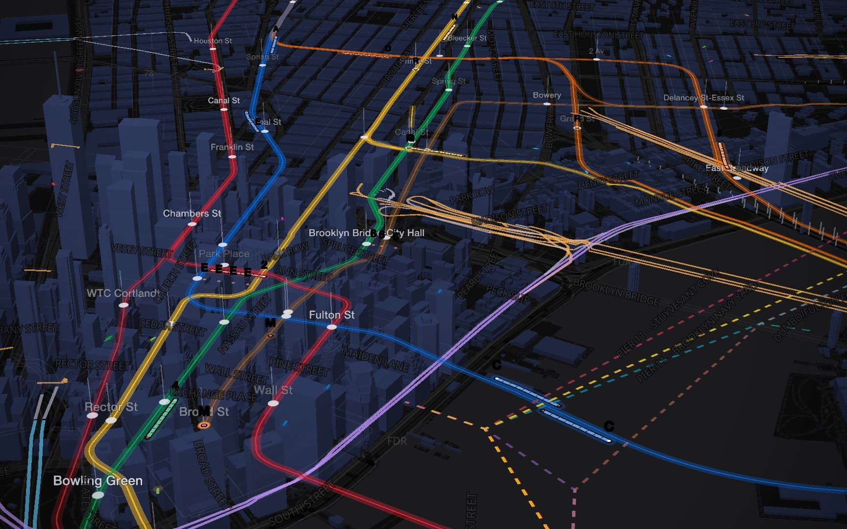 NYC in Motion showing Lower Manhattan in 3D with subway lines beneath the buildings