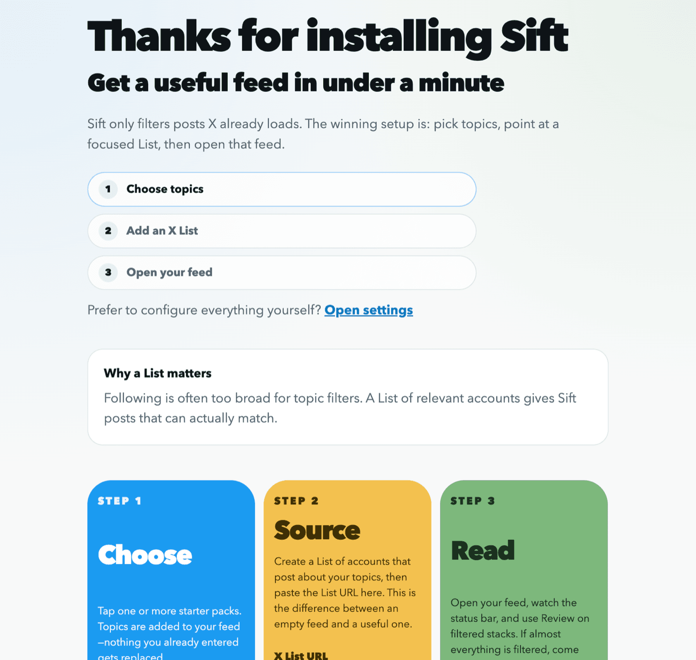 Sift onboarding showing how to choose topics, add an X List, and open a filtered feed